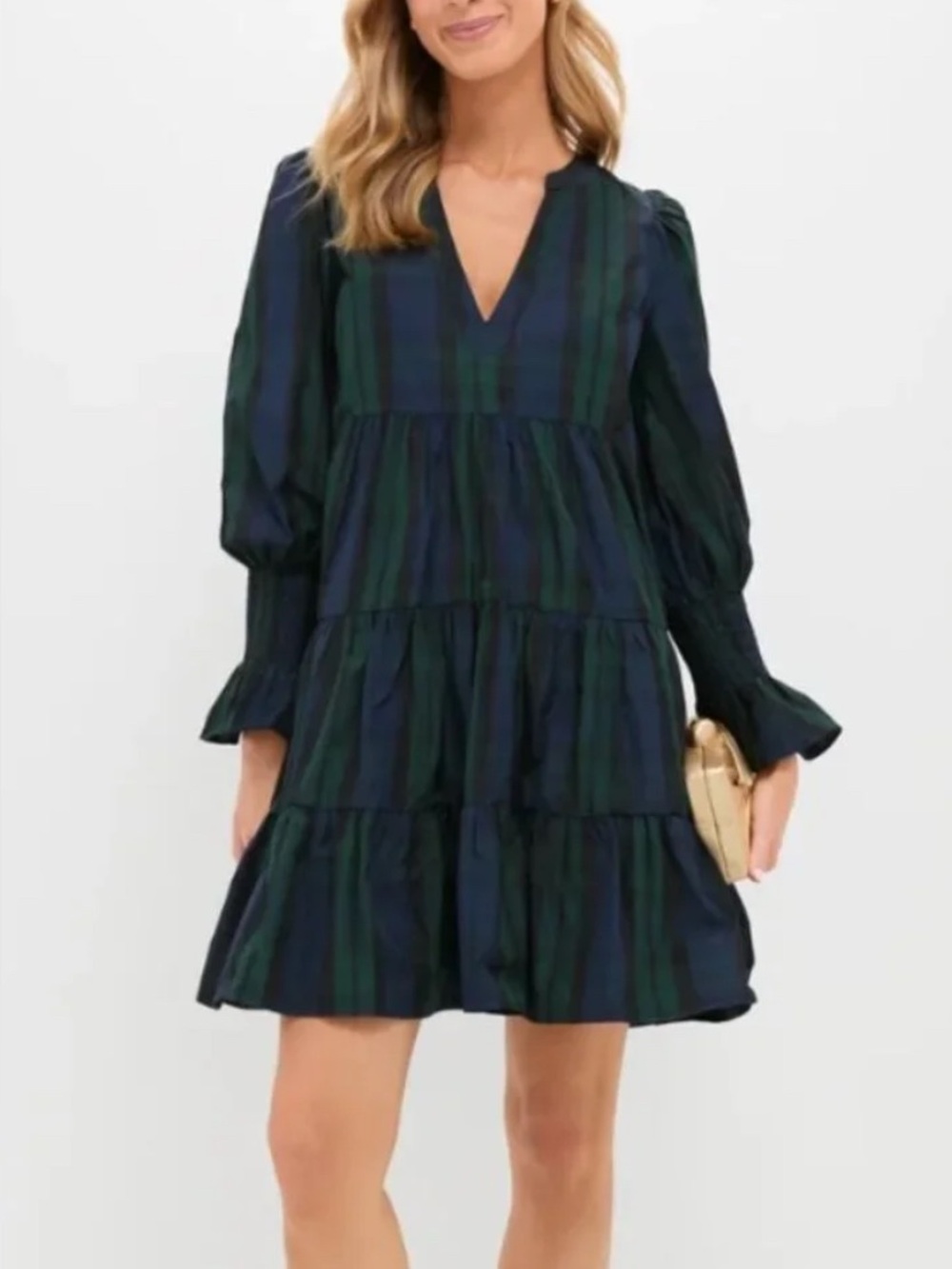Pomander Place Navy & Green Tiered V-Neck Casual Dress